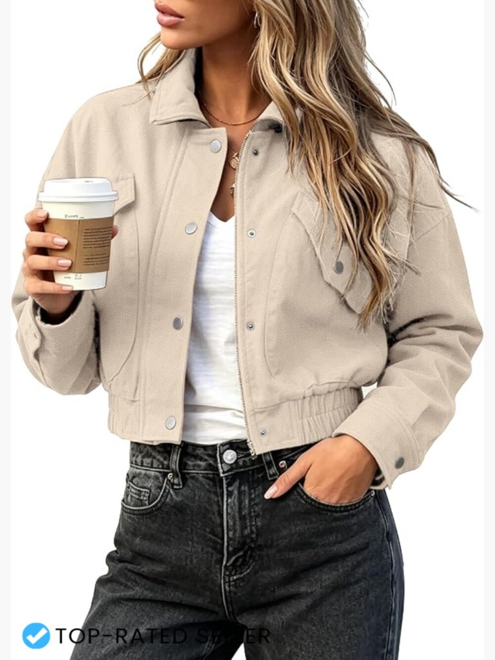 Cropped Denim Bomber Jacket Lightweight Casual Utility Wear with Pockets